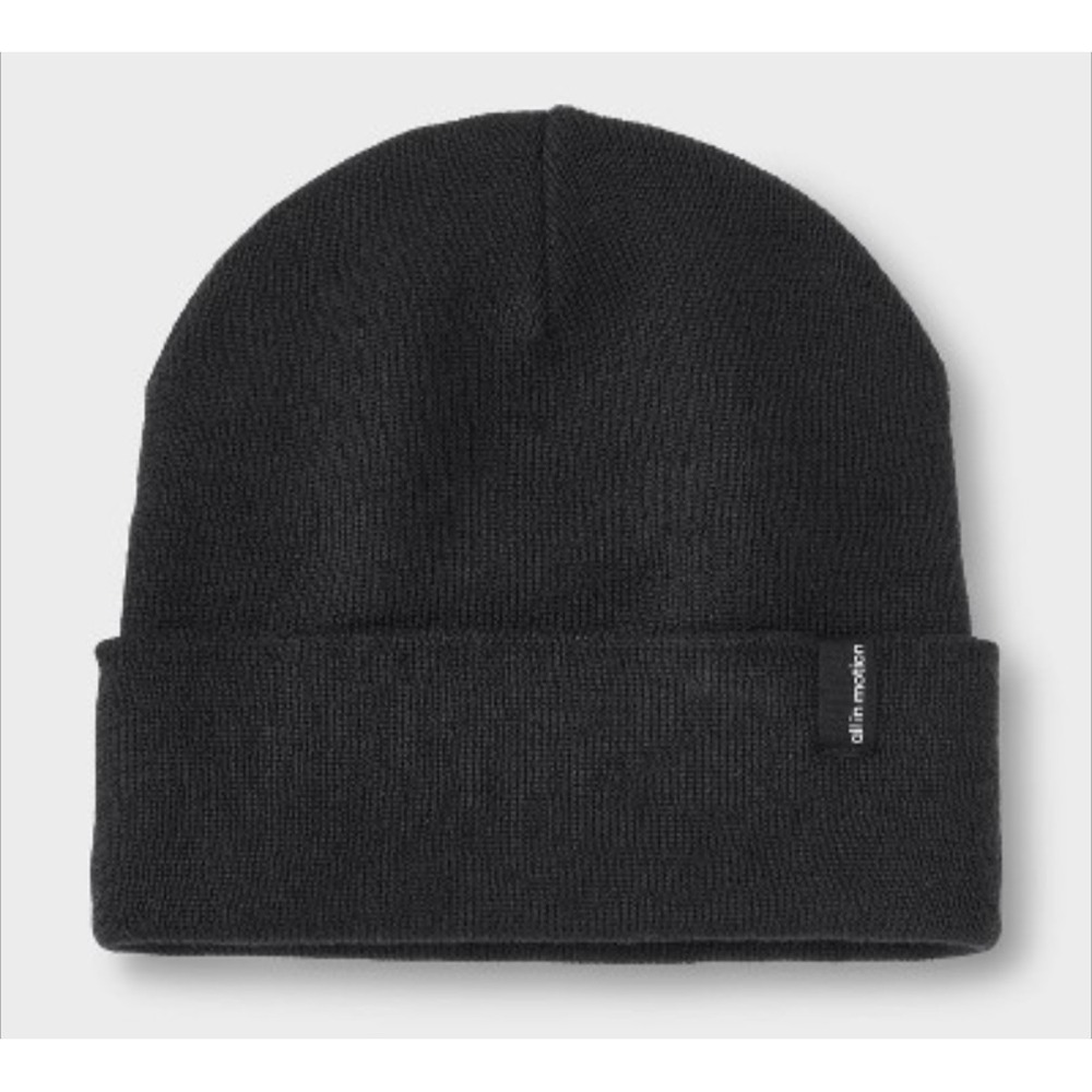 All in Motion Hat Beanie One Size Black Cuffed Knit Recycled Polyester Mens